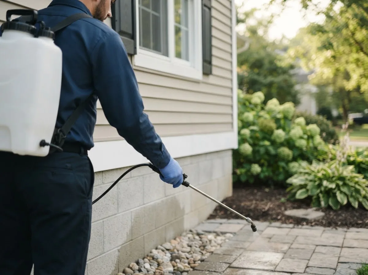 Pest control technician inspecting a home in Ocheyedan, IA